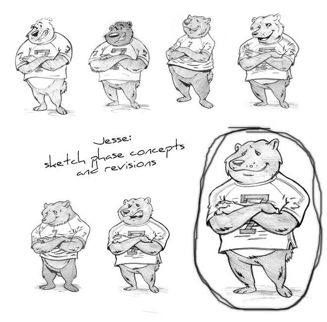 mascot-sketch-revisions-02 Above you can see the revisions and concepts completed on Jesse. The final approve sketch is bottom right.