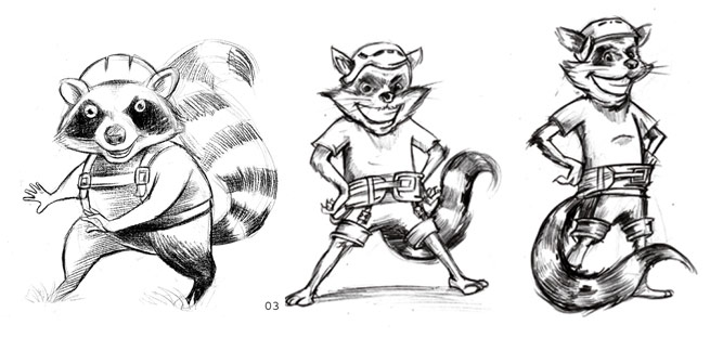 Mascot design sketches of Rocky the Racoon