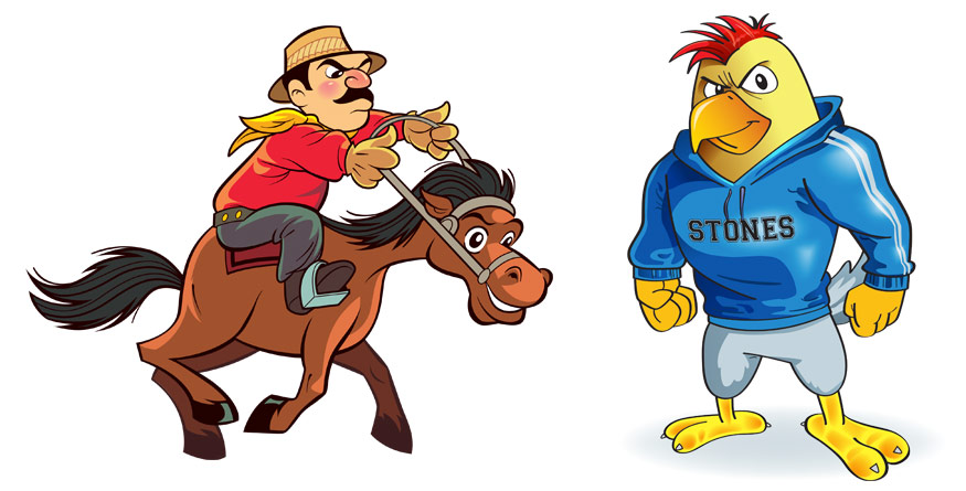 Cowboy mascot and chicken cartoon character