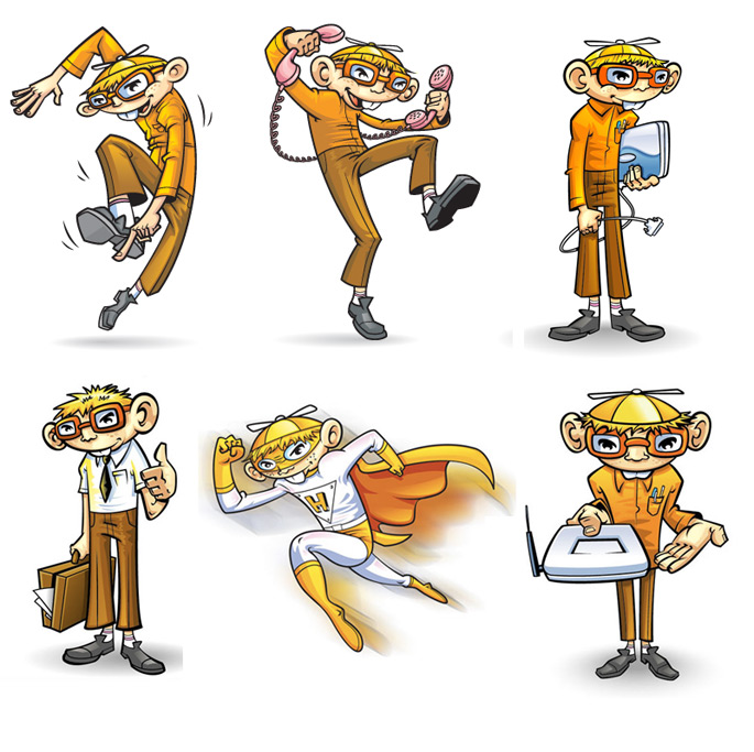 Multiple cartoon mascot poses from same character